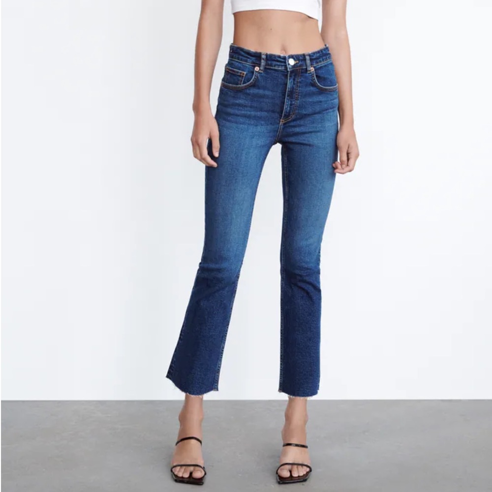 Zara TRF Denim Crop Flare Fringe Blue Jean 30 EUC